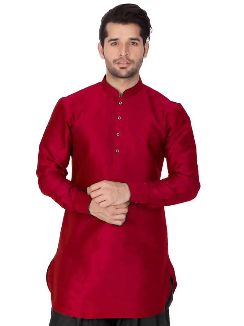 Maroon plain cotton silk men-kurtas