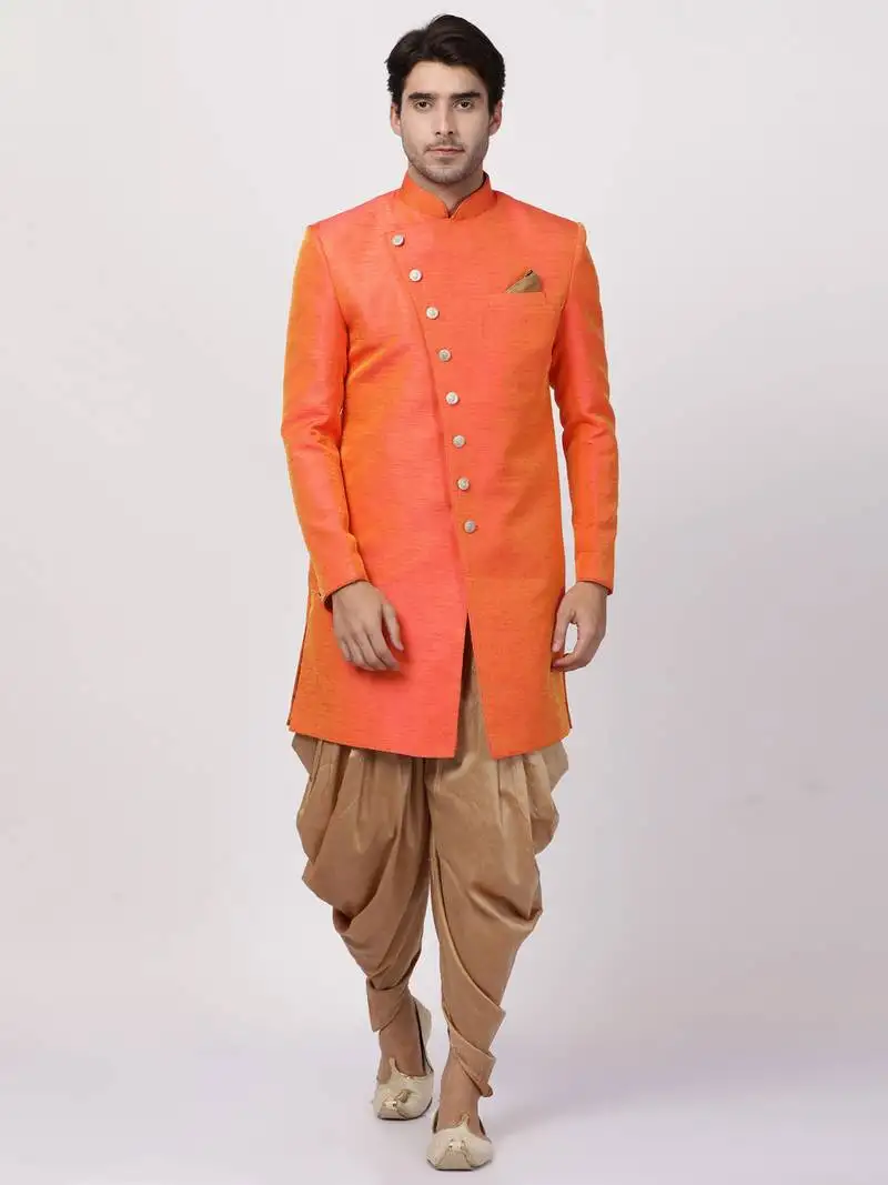 Orange plain blended cotton sherwani