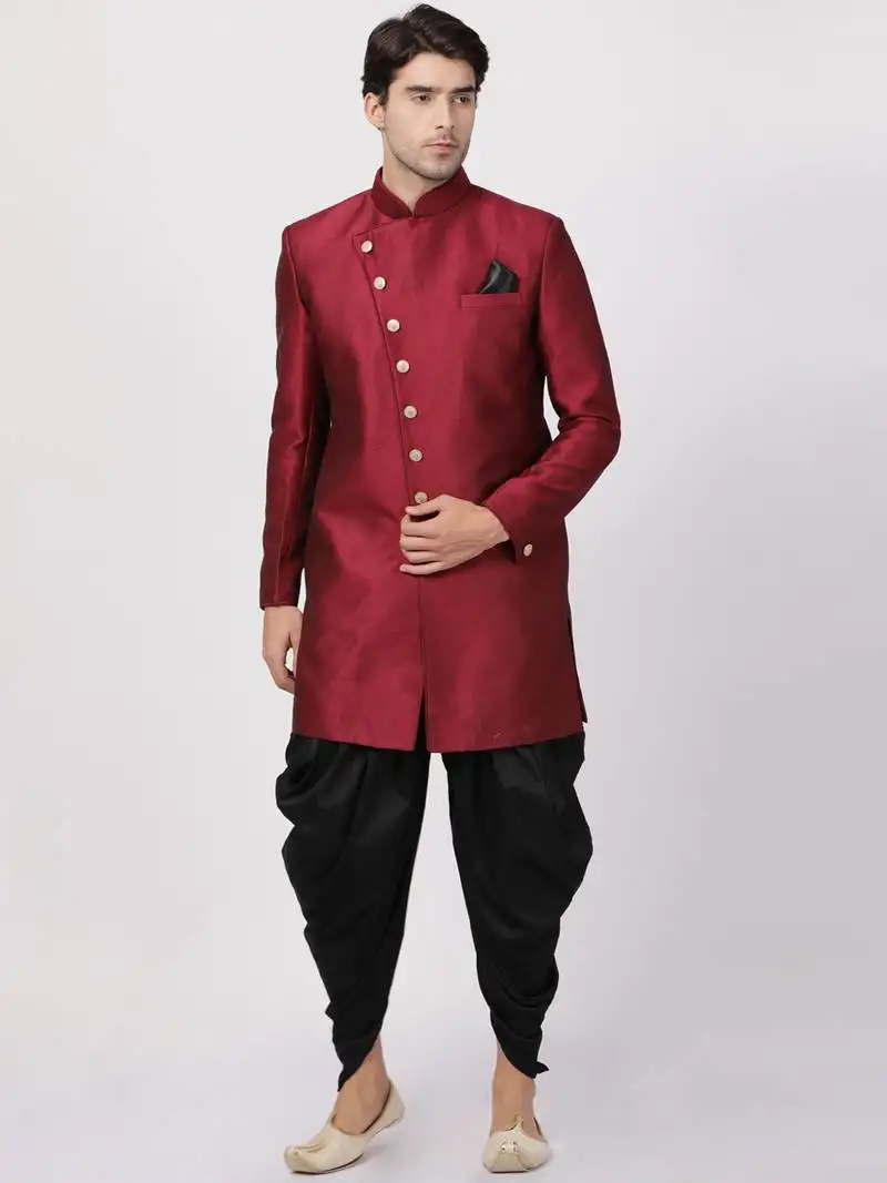 Maroon plain blended cotton sherwani