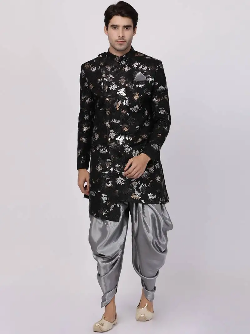 Men's black polyester lurex blend sherwani set