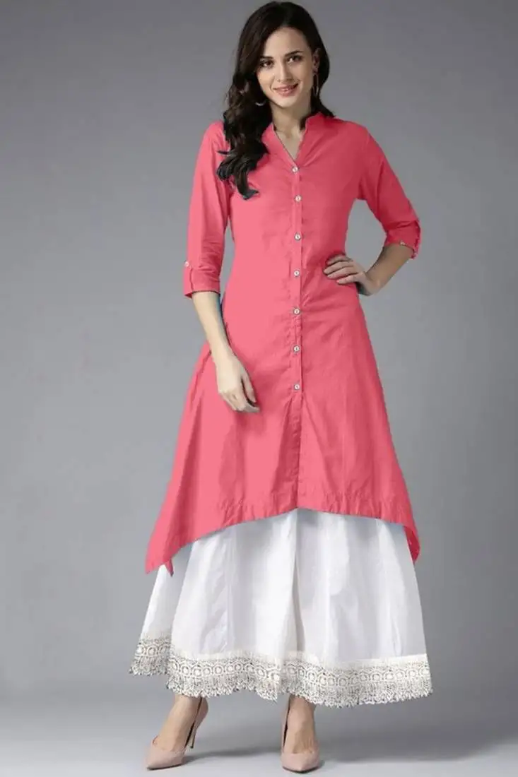 Pink plain rayon long-kurtis