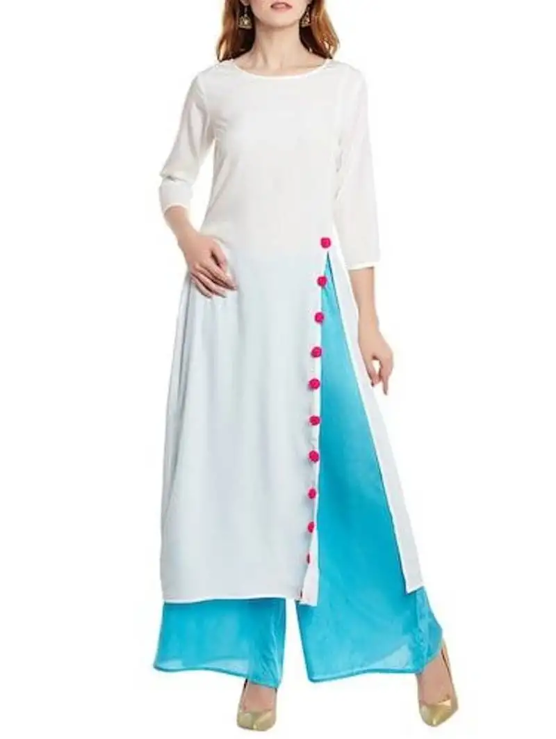 Cream plain crepe long-kurtis
