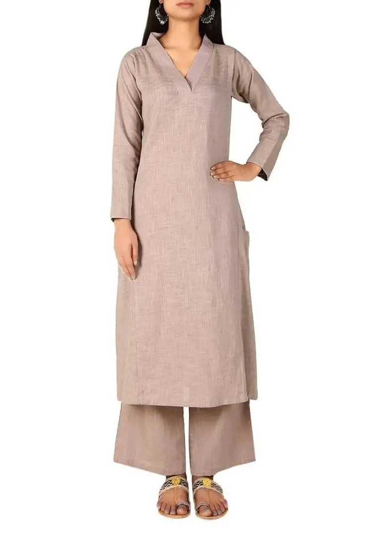 Light-grey plain cotton long-kurtis