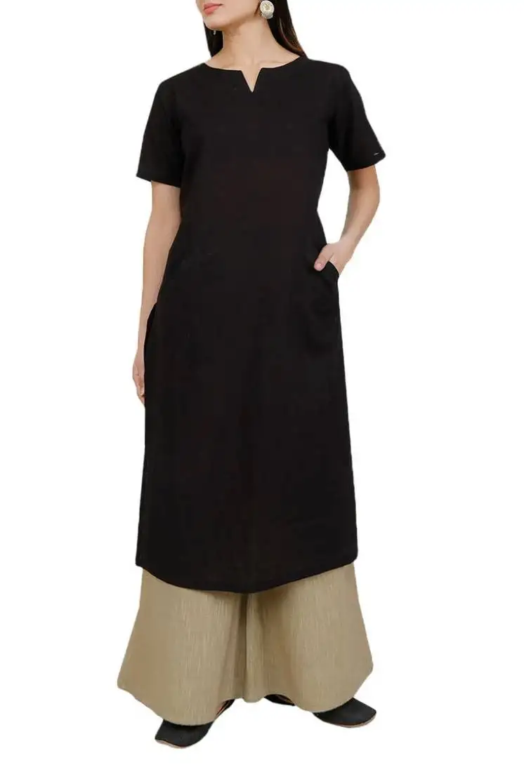 Black plain cotton long-kurtis