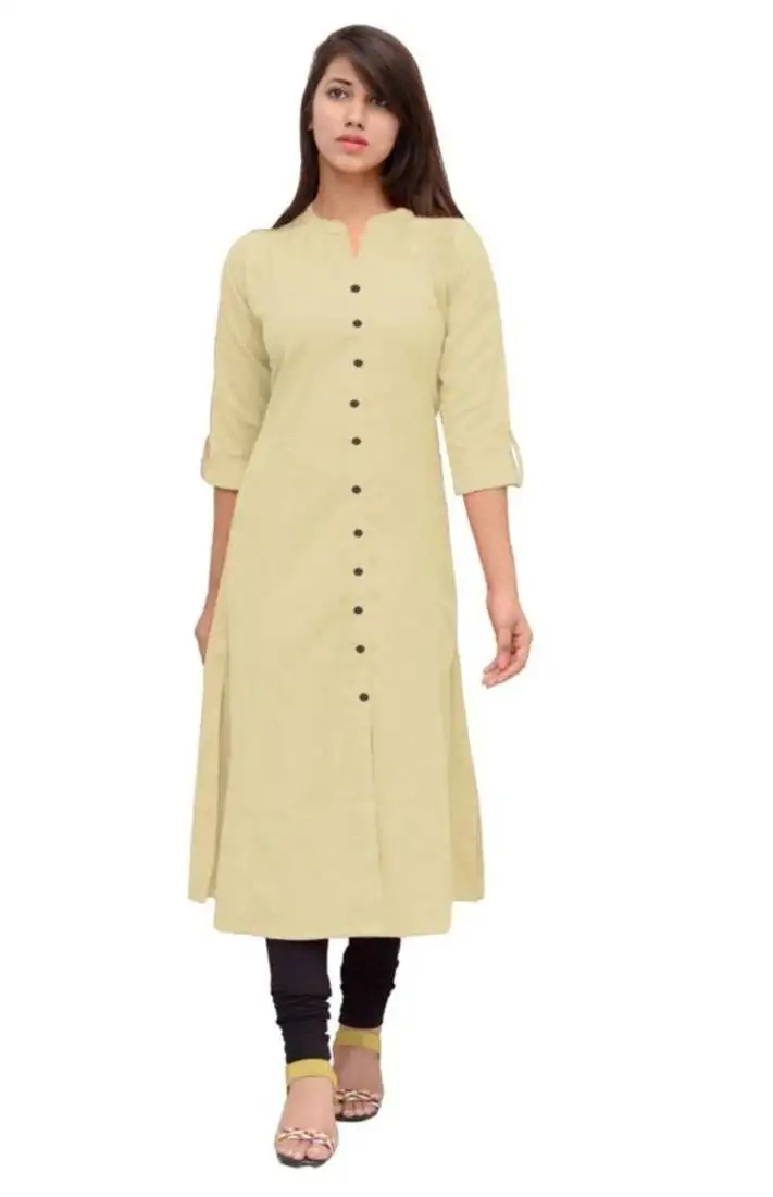 Beige plain cotton long-kurtis