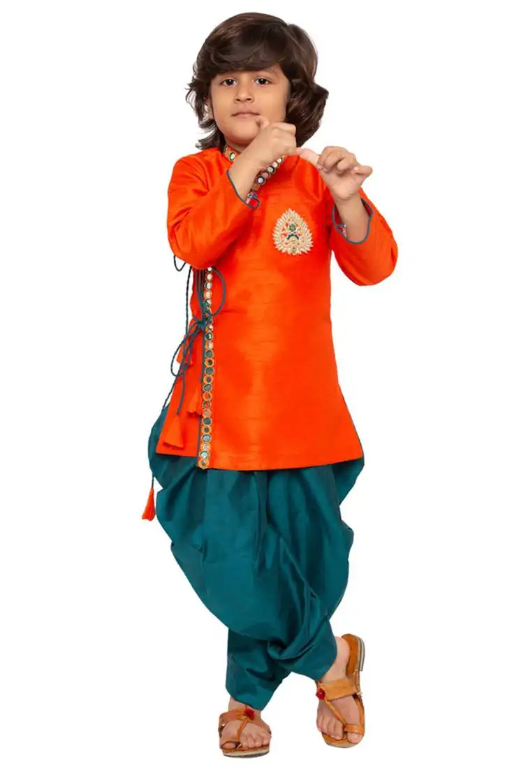 Boys orange and bottle green silk blend kurta and dhoti set