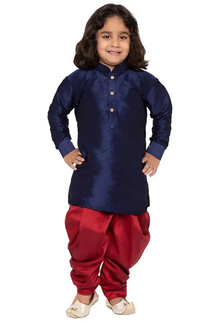 Boys navy blue and maroon silk blend kurta and dhoti set