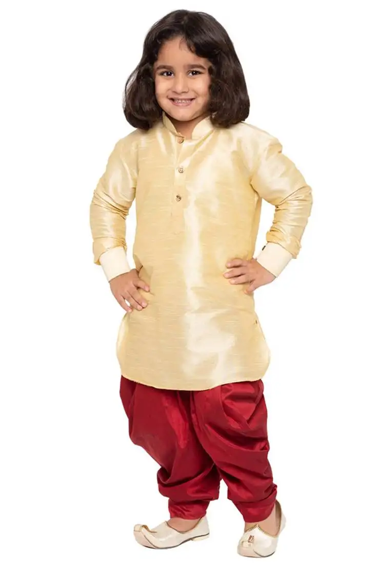 Boys gold and maroon silk blend kurta and dhoti set