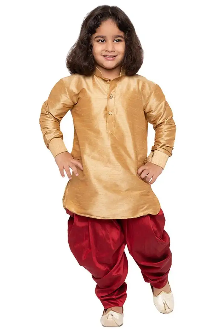 Boys rose gold and maroon silk blend kurta and dhoti set