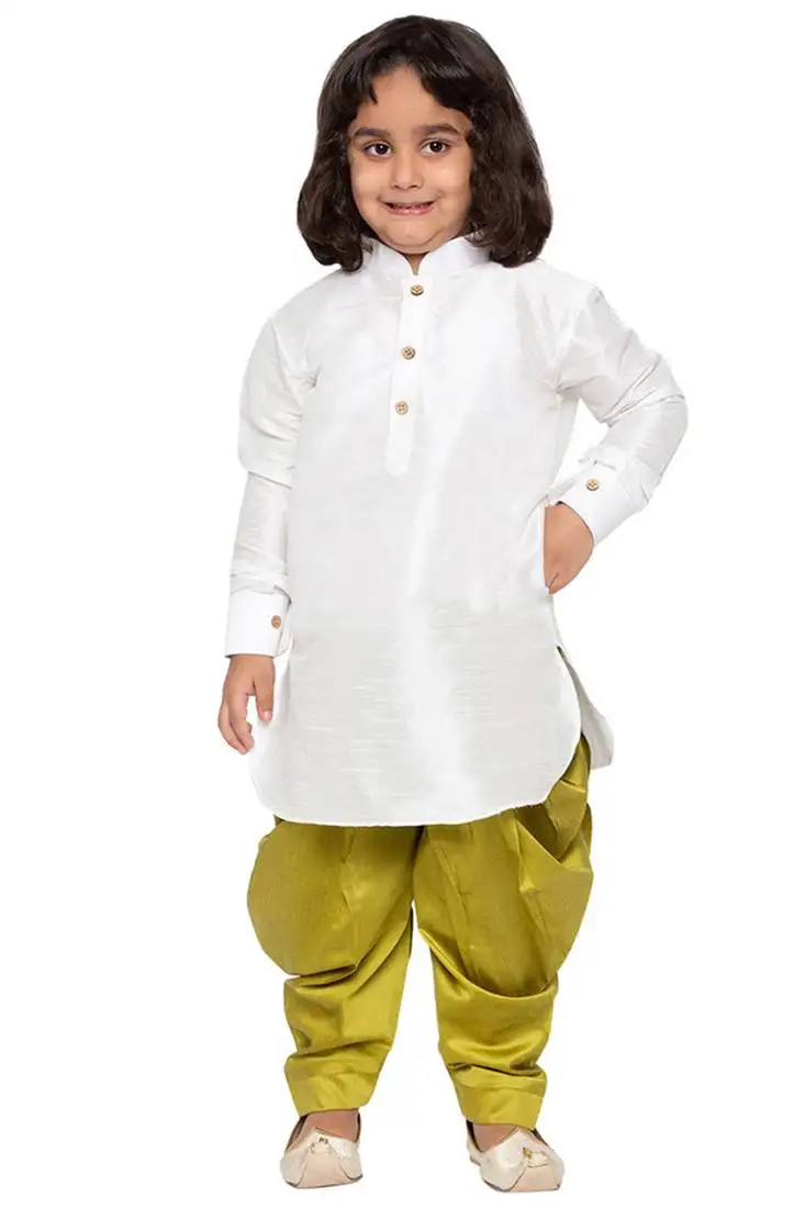 Boys white and chutney green silk blend kurta and dhoti set