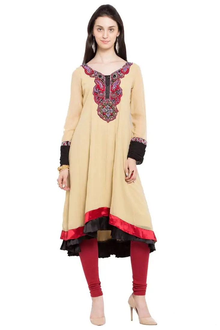 Beige embroidered georgette party wear kurti