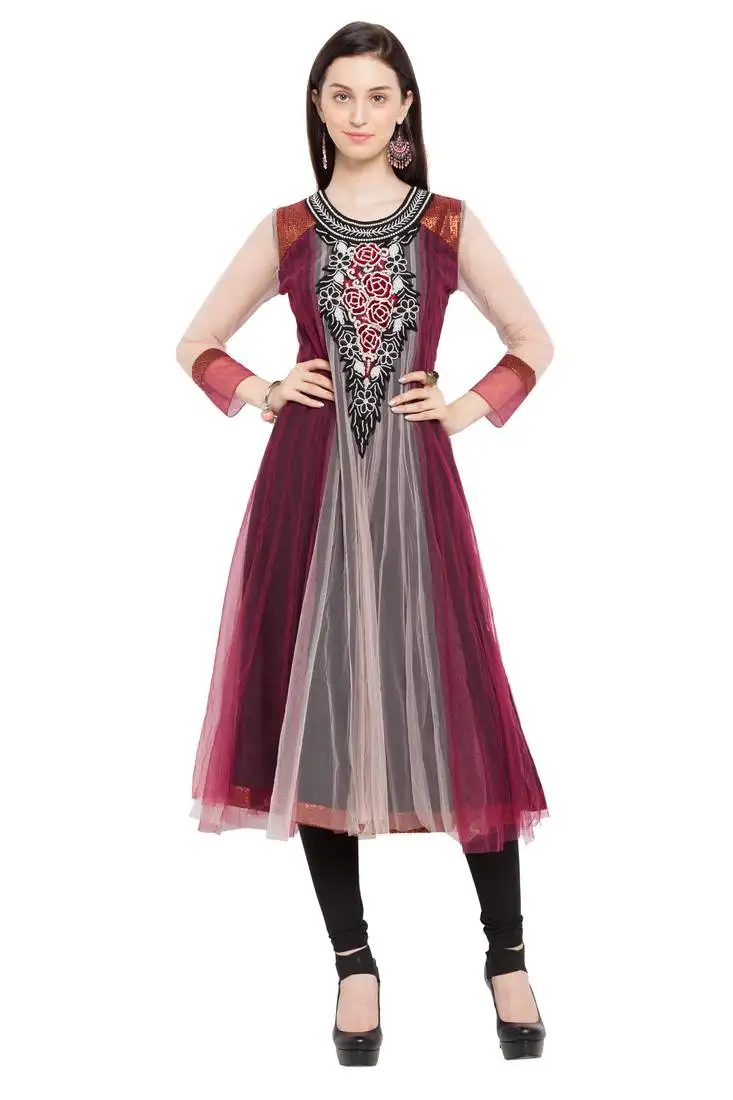 Multicolor embroidered net party wear kurti