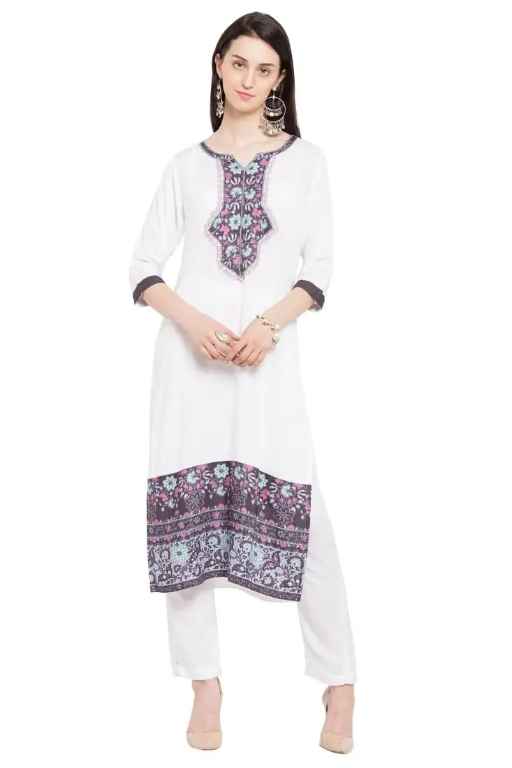 White embroidered cotton party wear kurti
