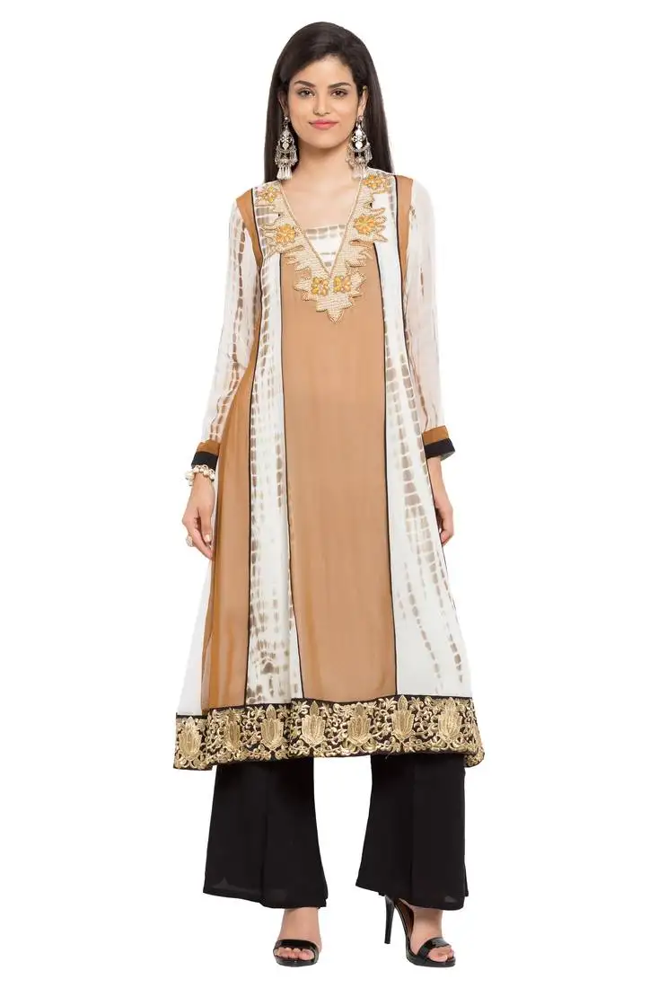Brown embroidered georgette party wear kurti