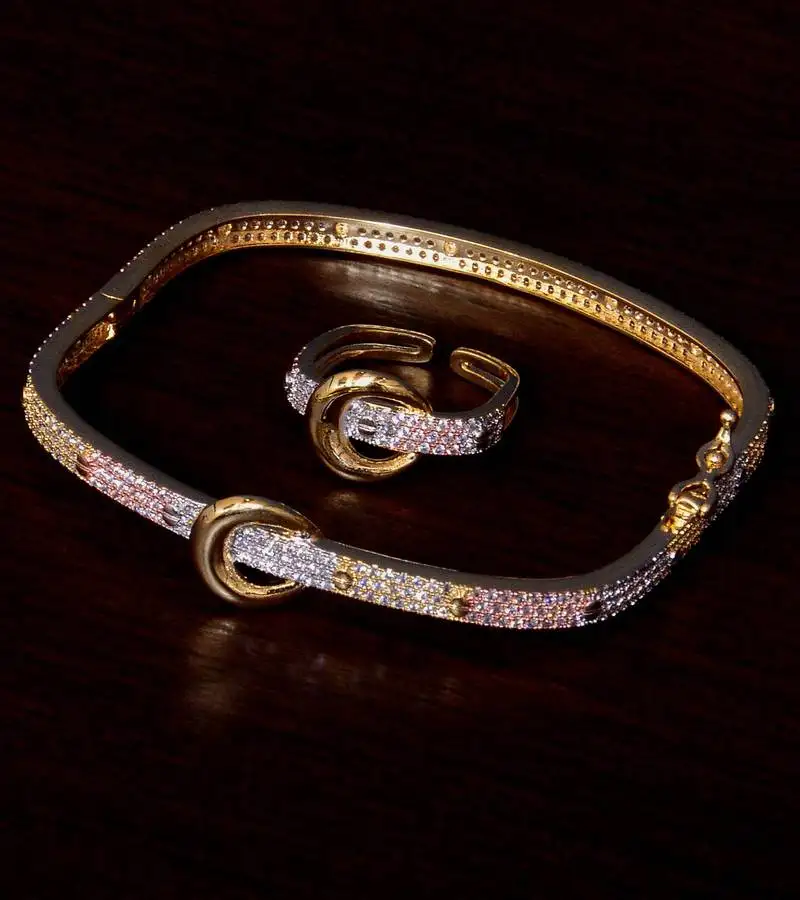 Rose gold, white gold and rhodium plated aaa cz embellished 3 tone bracelet cum ring bd380