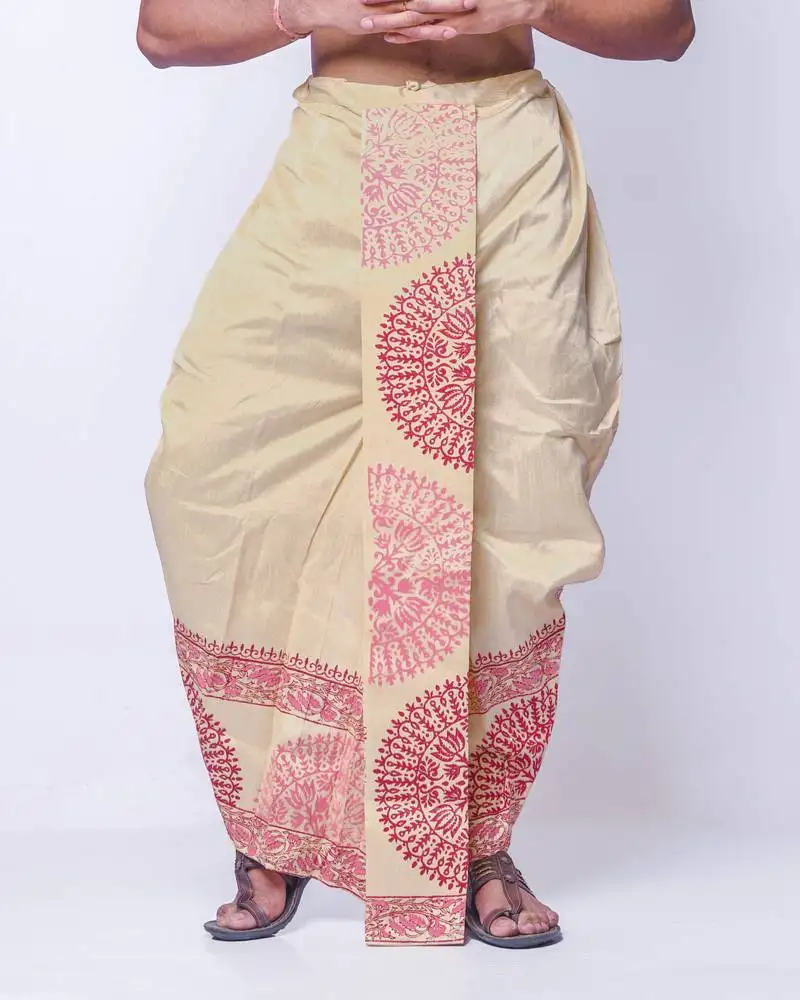 Beige hand block print dupion silk dhoti for men (free size)
