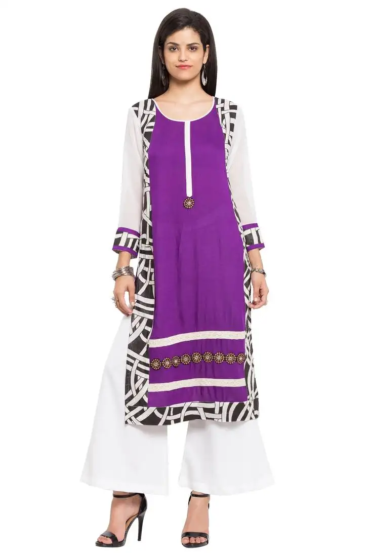 Purple printed cotton party wear kurti