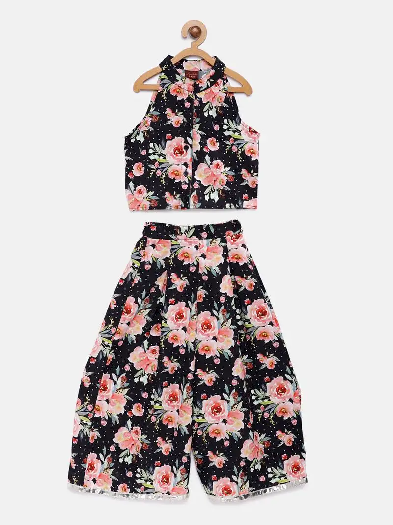 Black printed crepe kids-tops