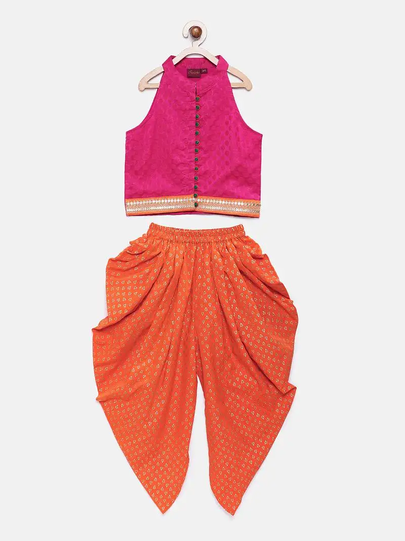 Purple printed jaquard top with dhoti for girls