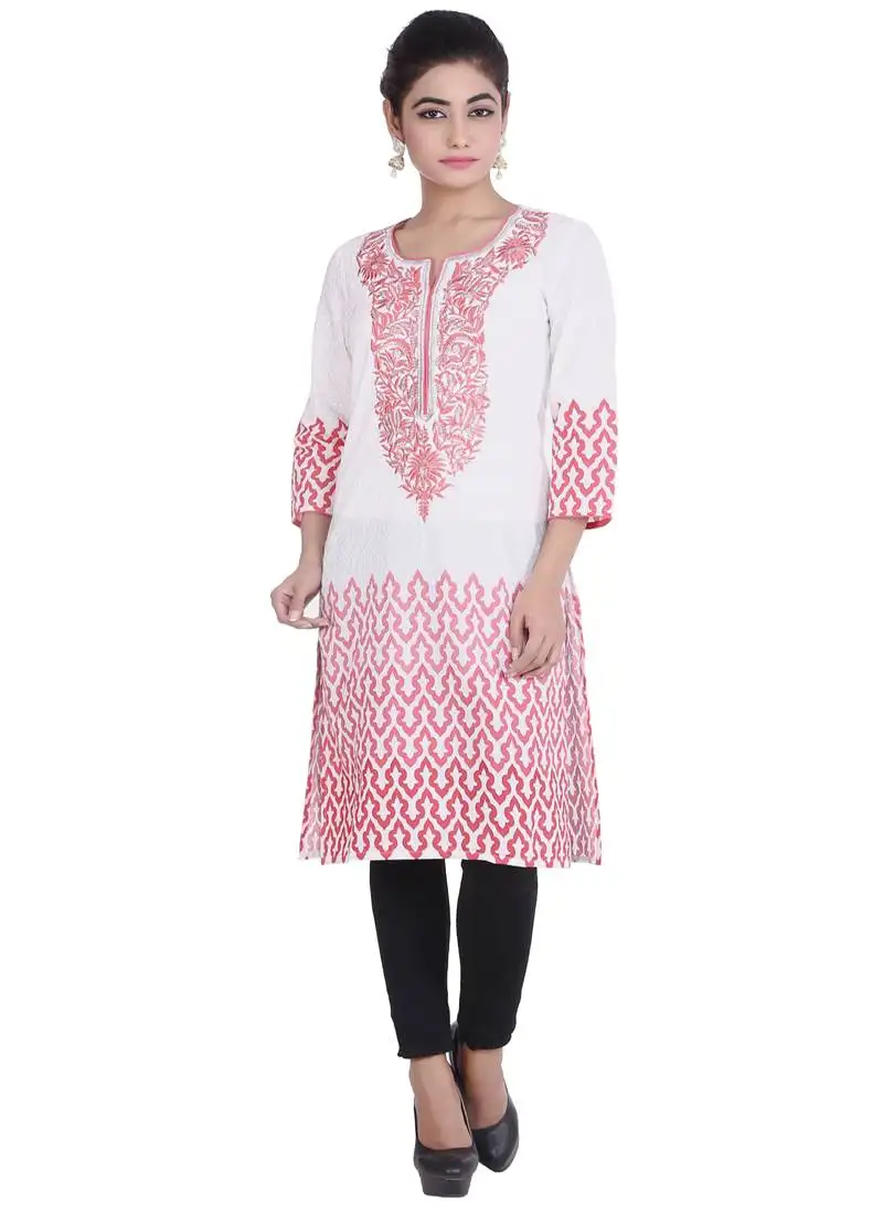 Geroo jaipur white embroidered cotton kurtas-and-kurtis