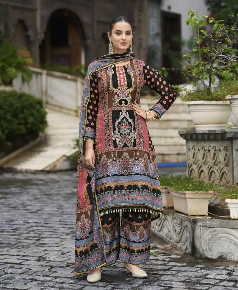 Multicolor chinon chiffon pakistani printed pakistani style kurta with palazzo & printed dupatta stitched