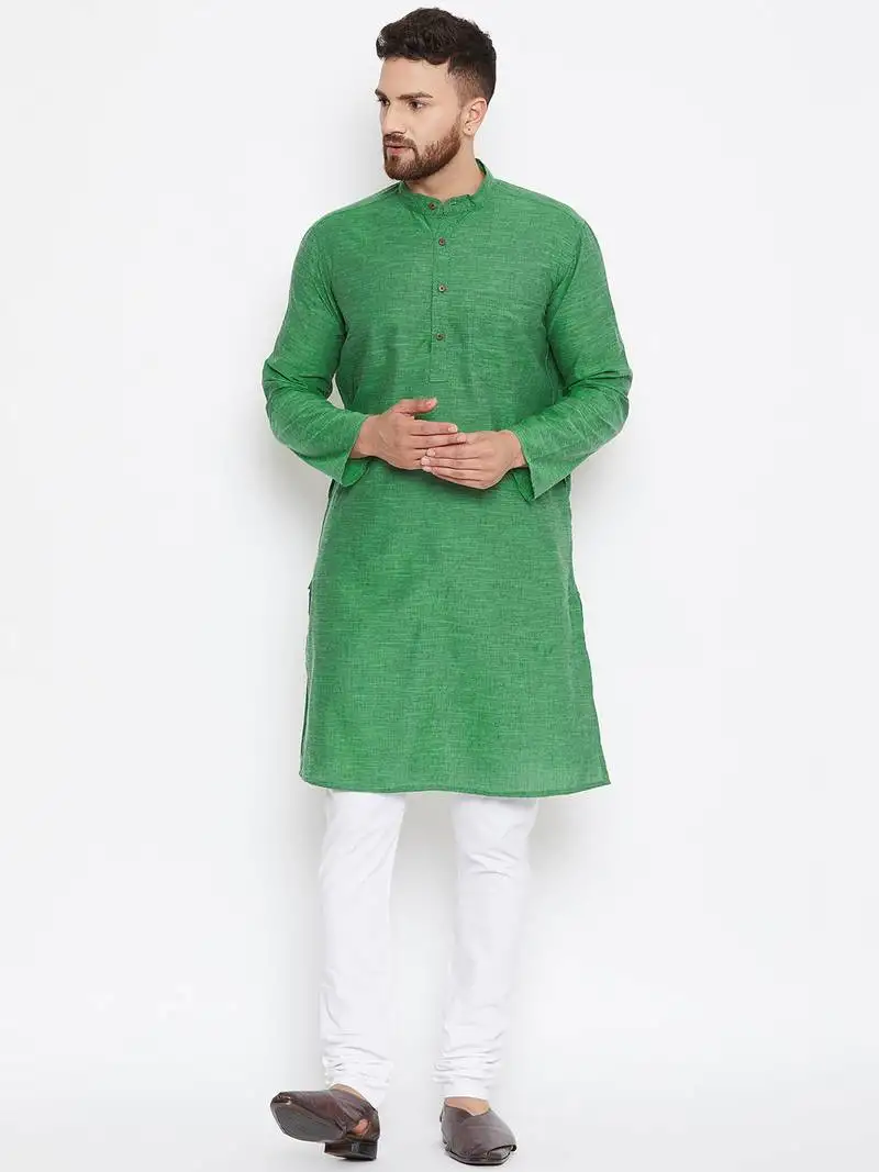 Green woven pure cotton kurta-pajama