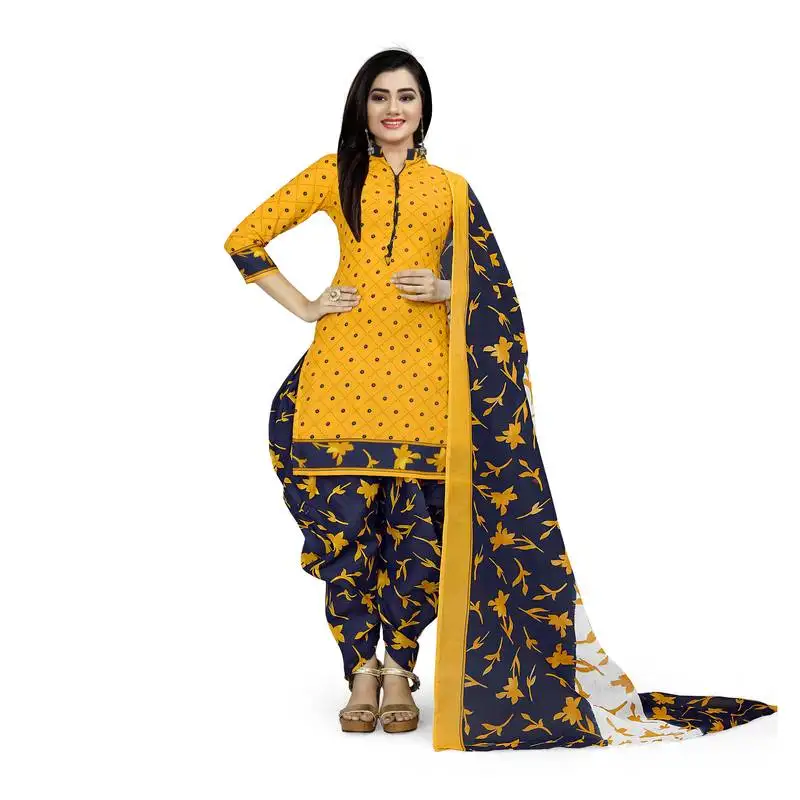 Yellow printed cotton salwar unstitched