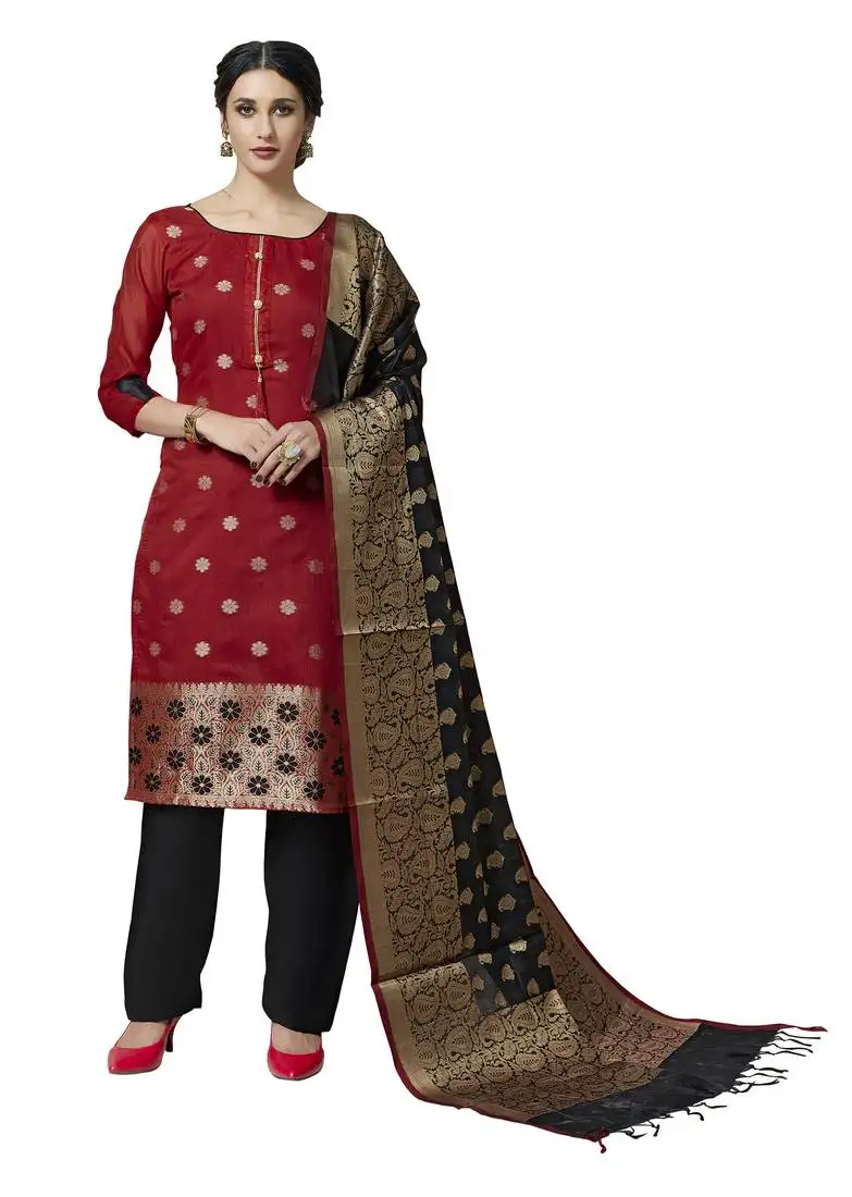 Red black floral print pure jacquard salwar suit unstitched dress material with chanderi cotton dupatta