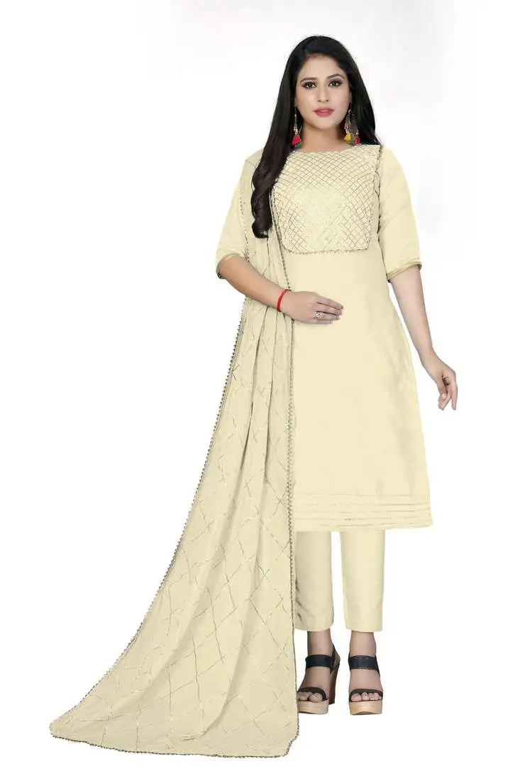 Beige lace cotton salwar semi stitched