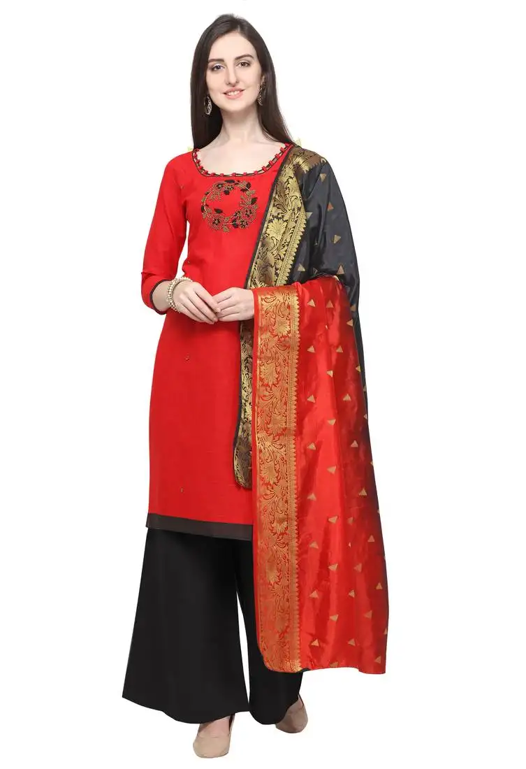 Red & black cotton unstitched salwar suit with dupatta