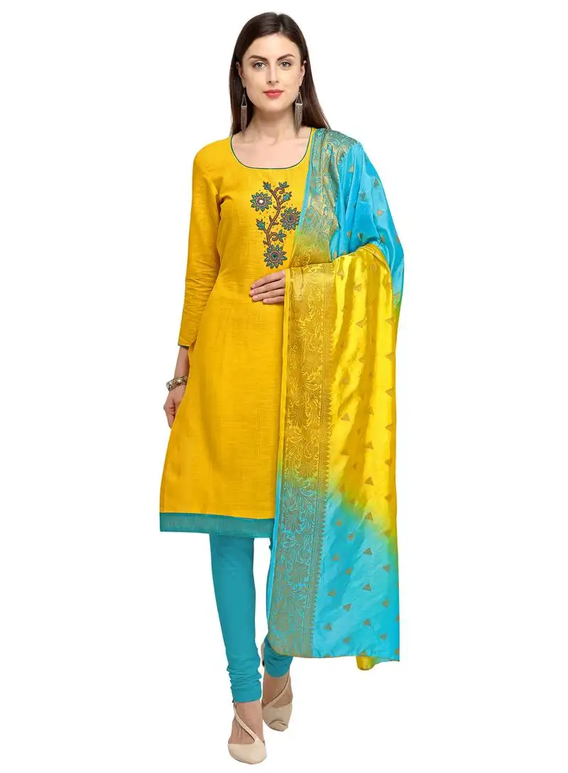 Yellow beads cotton unstitched salwar suit with banarasi dupatta
