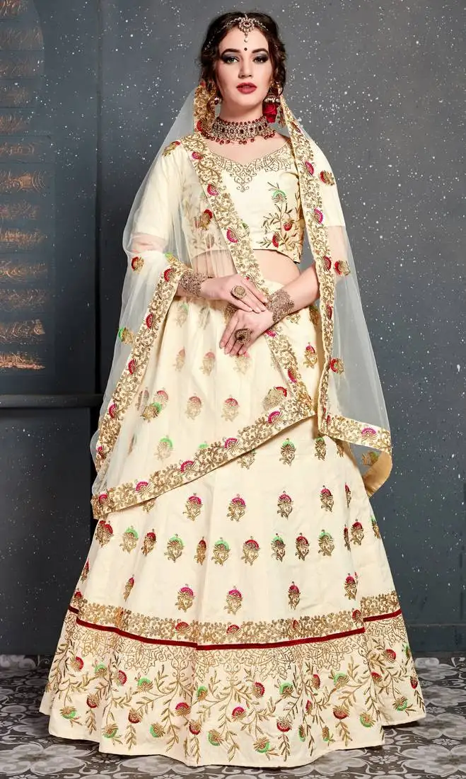 Cream thread dori zari and embroidered with diamond work silk semi stitched lehenga choli for wedding