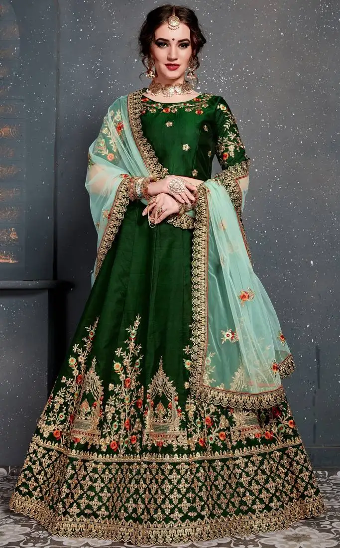 Dark green thread dori zari and embroidered with diamond work satin lehenga choli for wedding