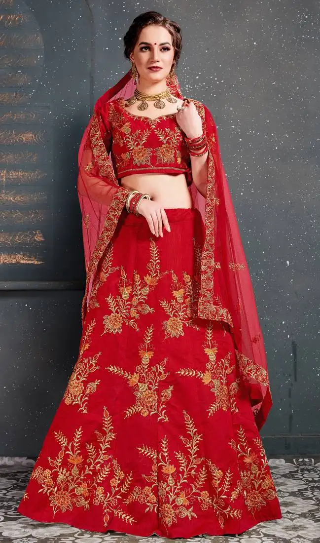 Tempting red thread dori zari and embroidered with diamond work taffeta silk lehenga choli for wedding