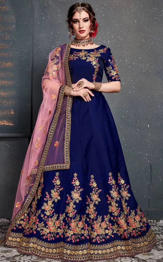 Dark blue thread dori zari and embroidered with diamond work taffeta silk semi stitched wedding lehenga