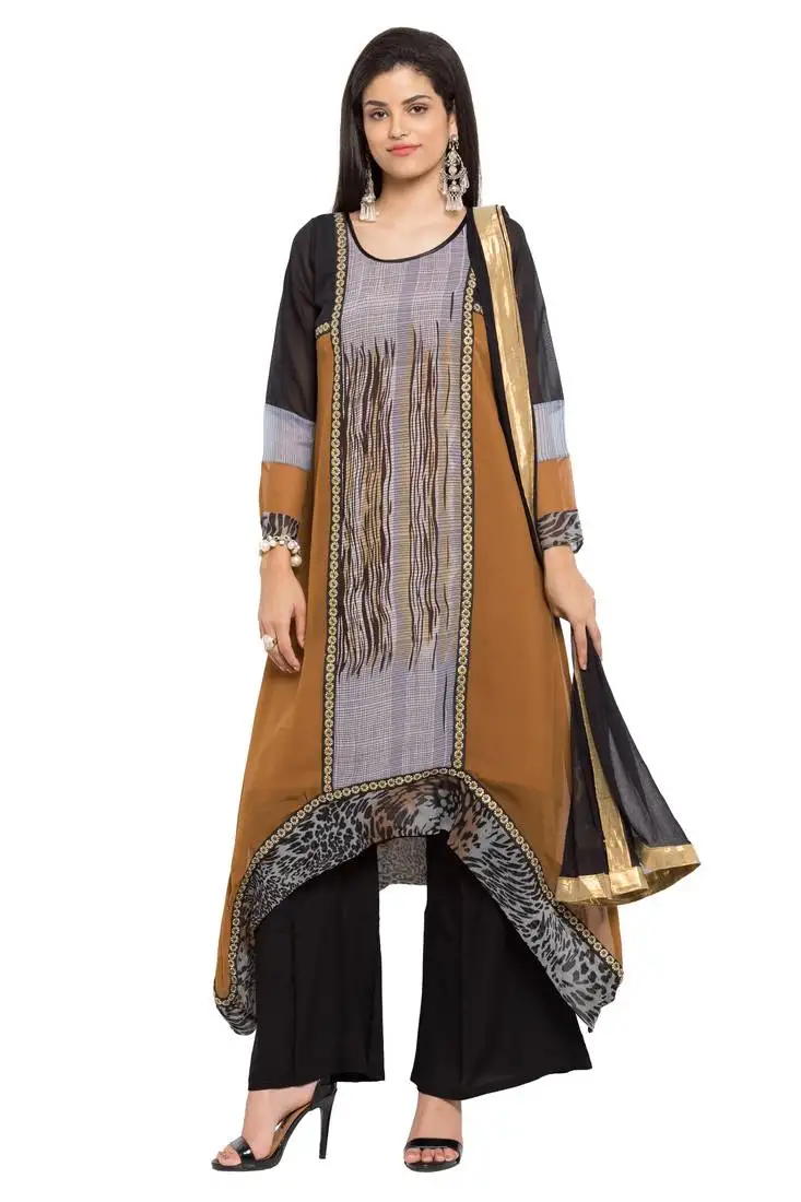 Brown embroidered georgette salwar stitched