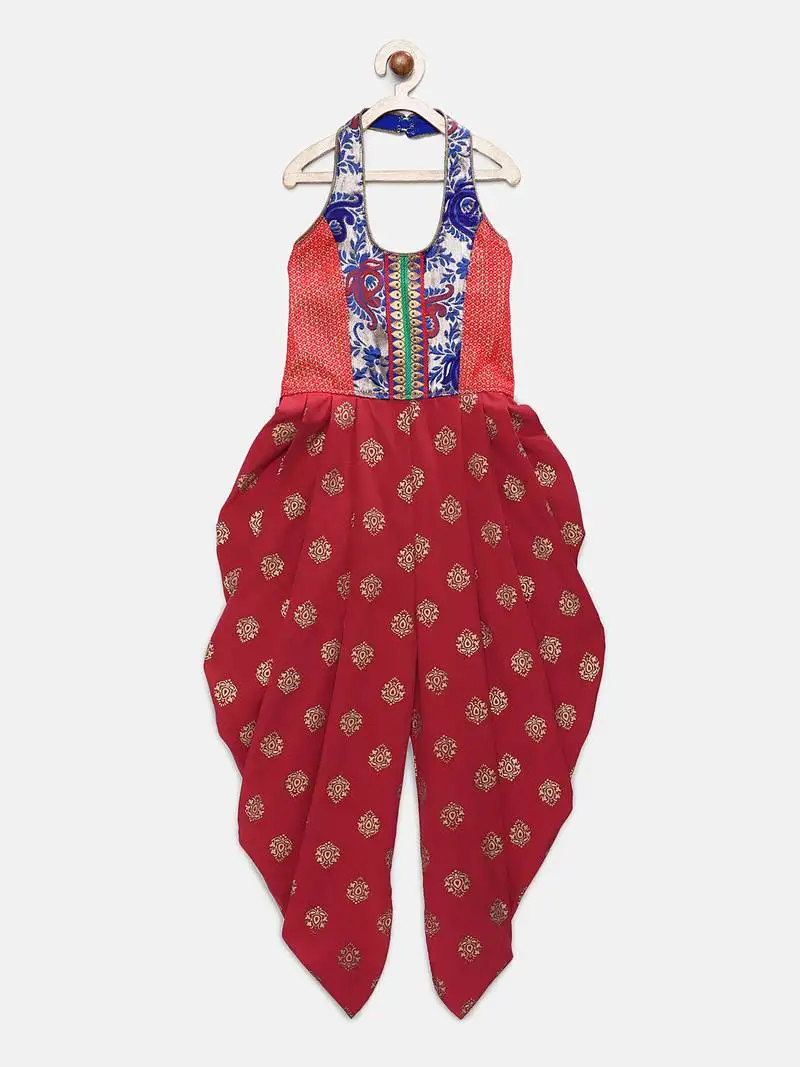 Red printed brocade kids-tops