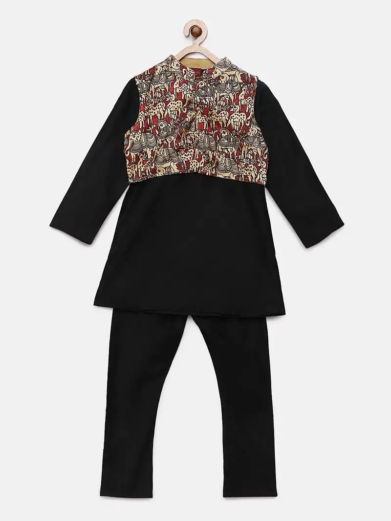 Black woven polyester kurta pyjama with nehru jacket for boys