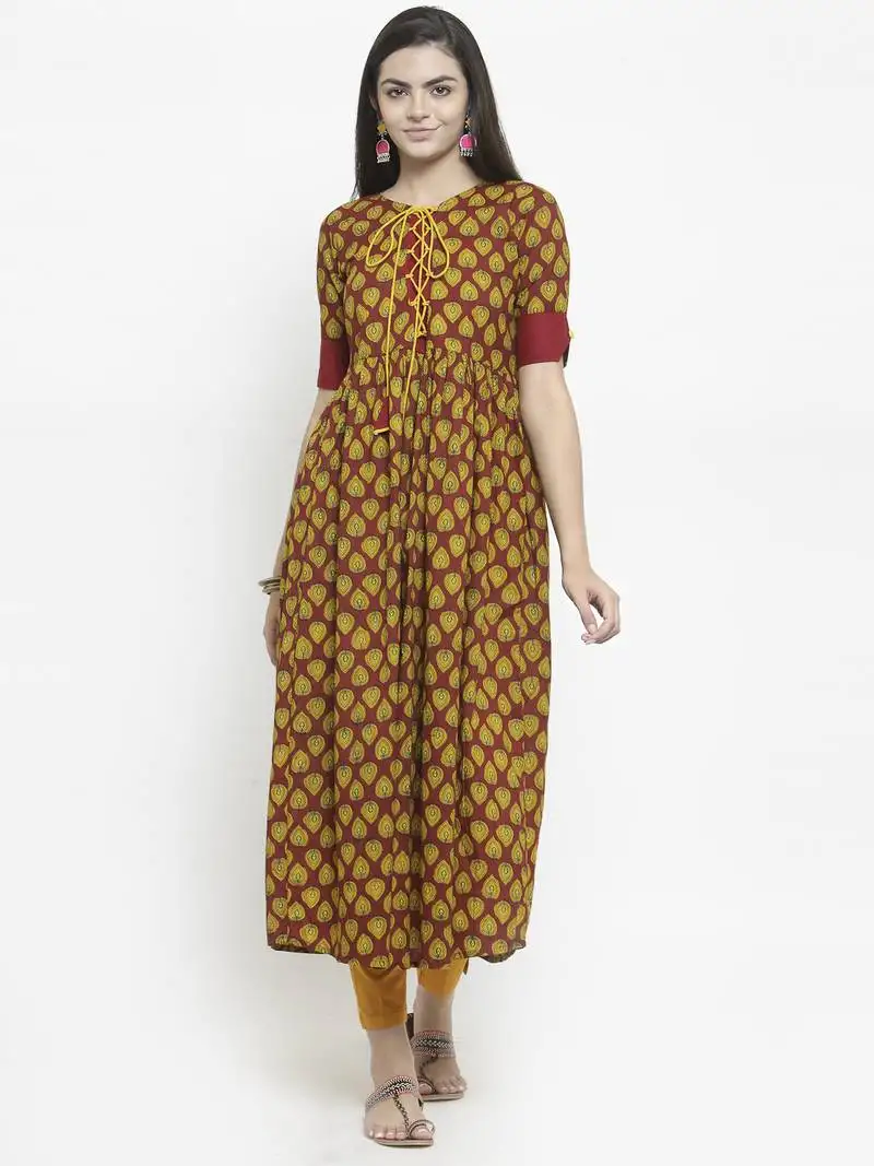 Indibelle maroon woven cotton kurtas-and-kurtis