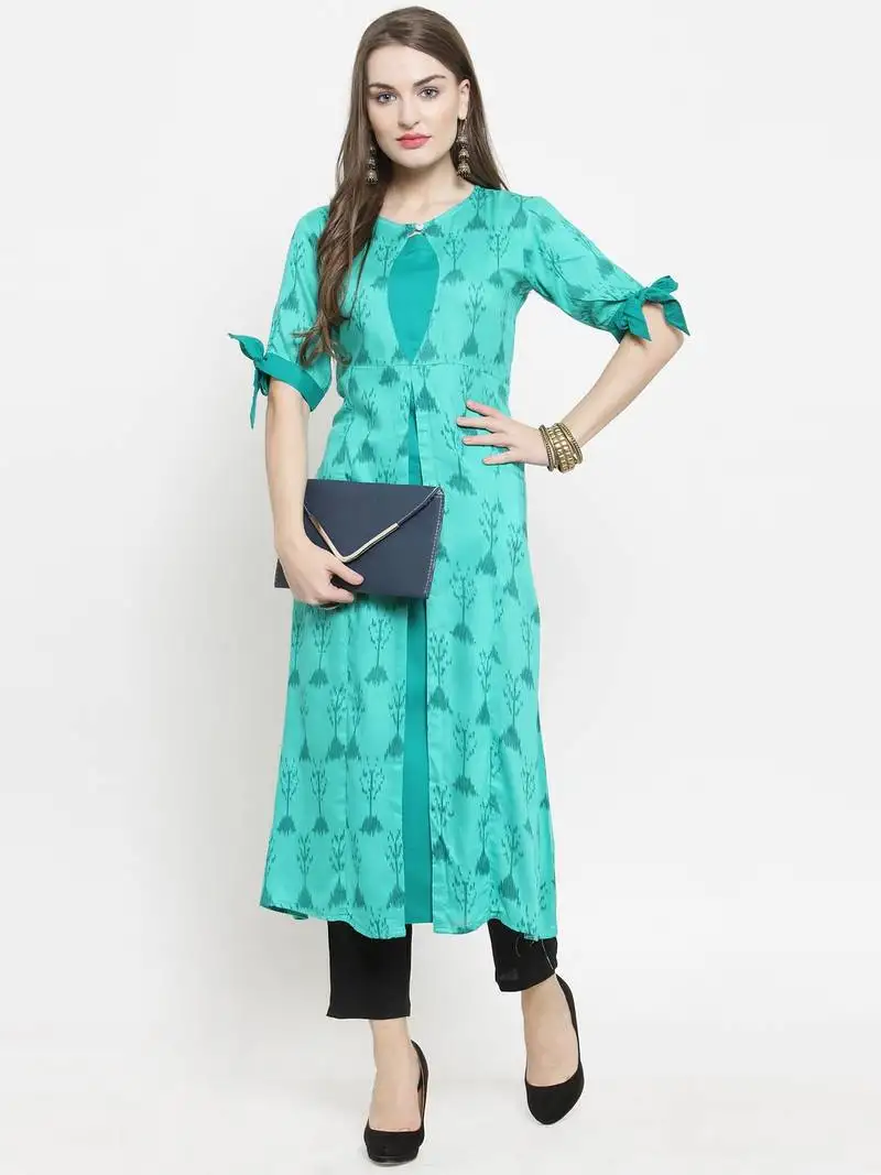 Indibelle turquoise woven rayon kurtas-and-kurtis