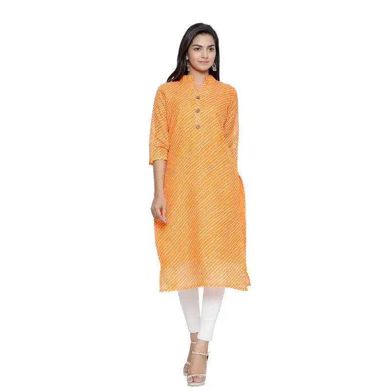 Orange printed cotton ethnic-kurtis