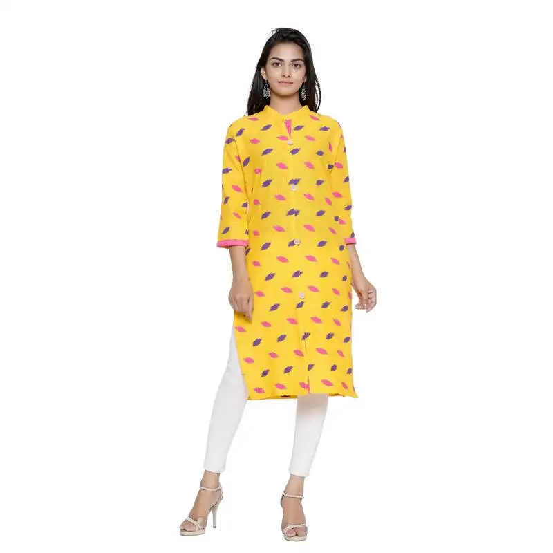 Yellow printed cotton cotton-kurtis