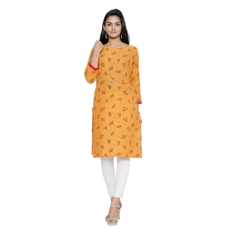 Mustard printed cotton cotton-kurtis