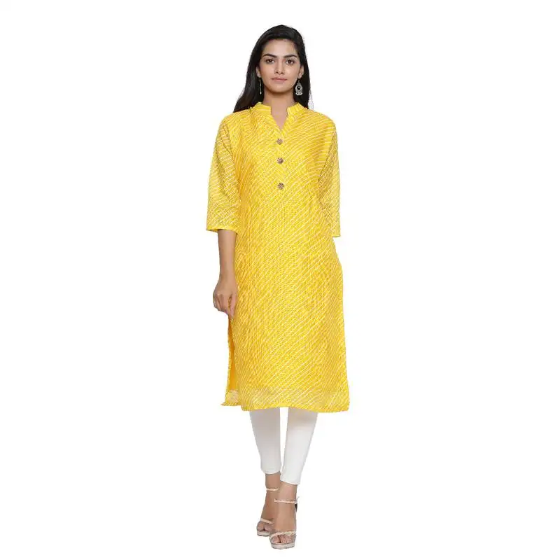 Yellow printed cotton ethnic-kurtis