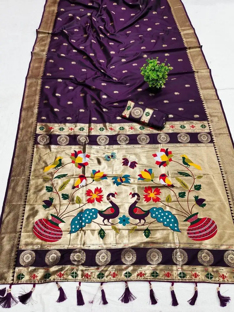 Wine faux banarasi silk saree with paithani rich weaved pallu and blouse