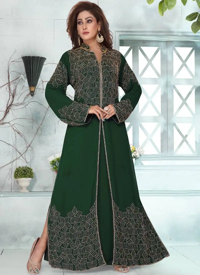 Green embroidered georgette islamic-kaftans with sun-proof hijab.
