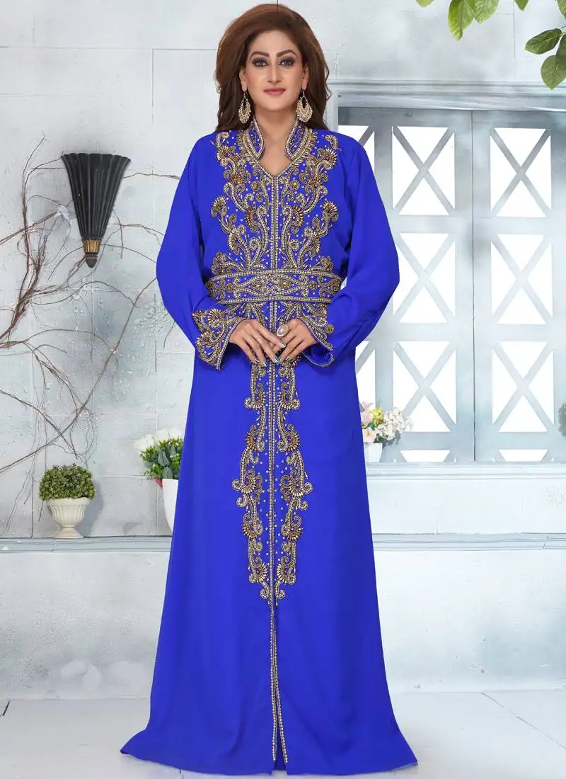 Ink blue georgette hand embroidered kaftan with hijab