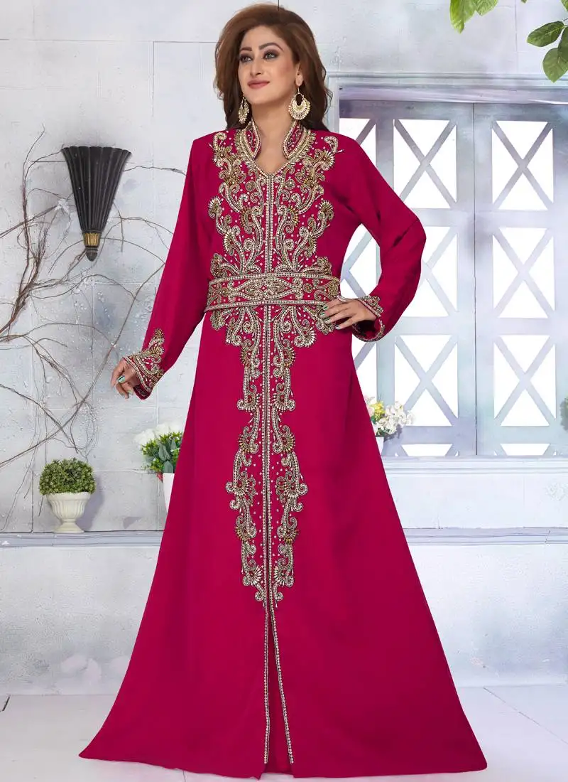 Magenta embroidered georgette islamic-kaftans with sun-proof hijab.