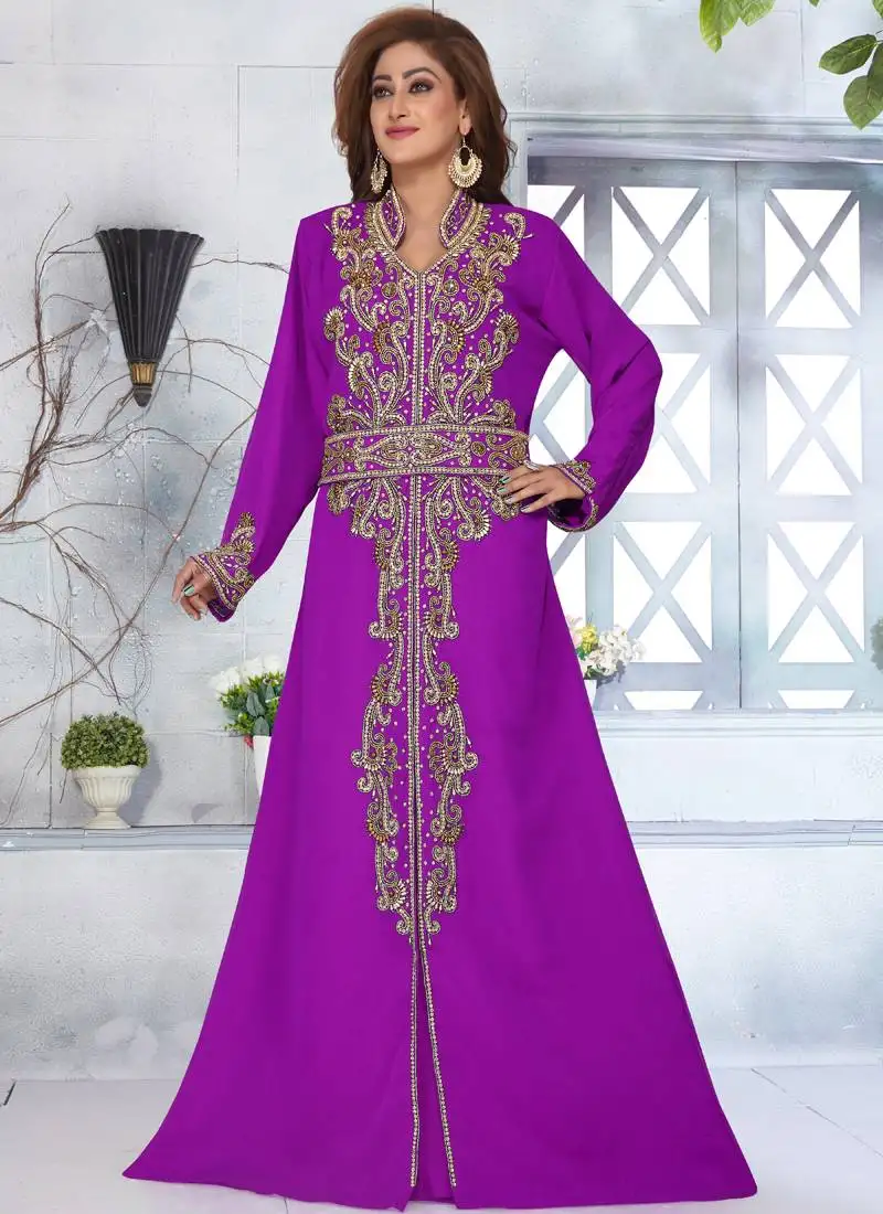 Purple embroidered georgette islamic-kaftans with hijab