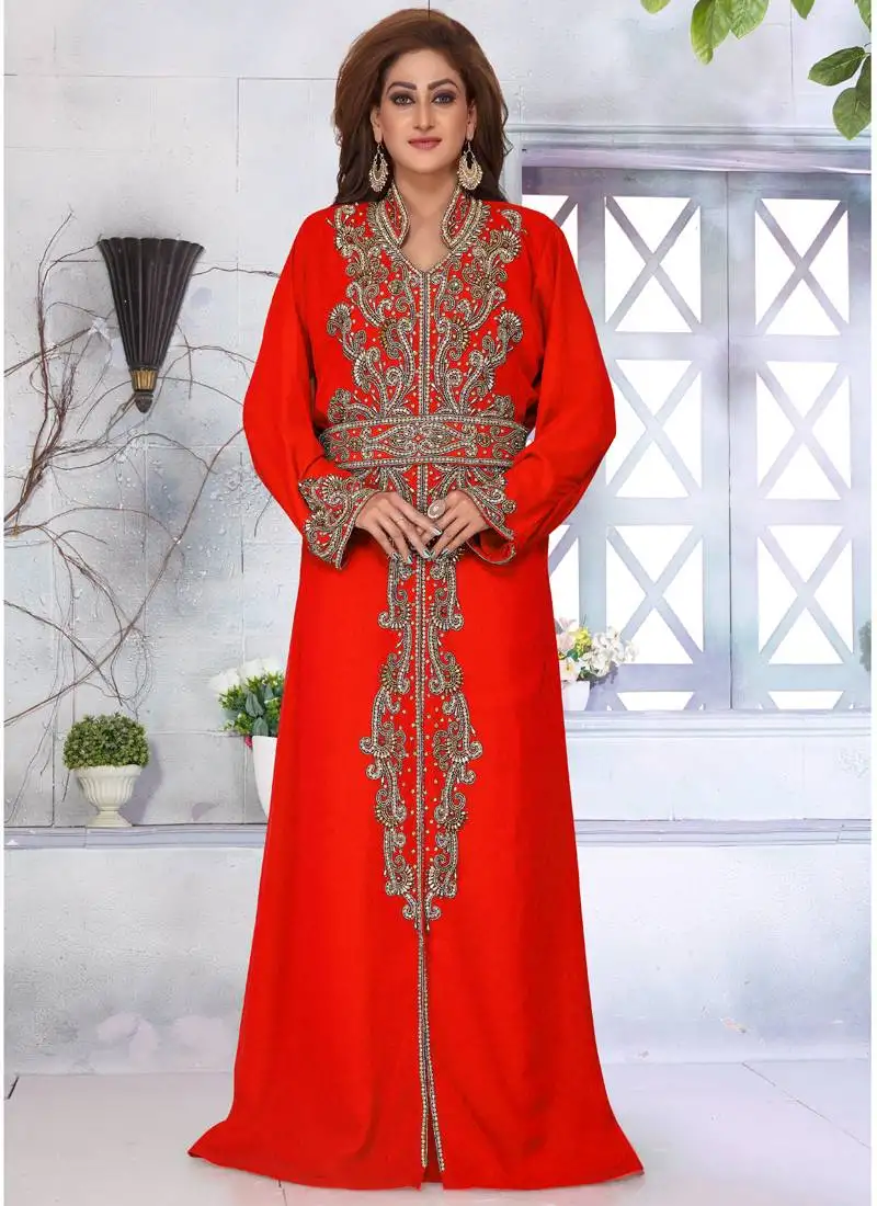 Red embroidered georgette islamic-kaftans with sun-proof hijab.